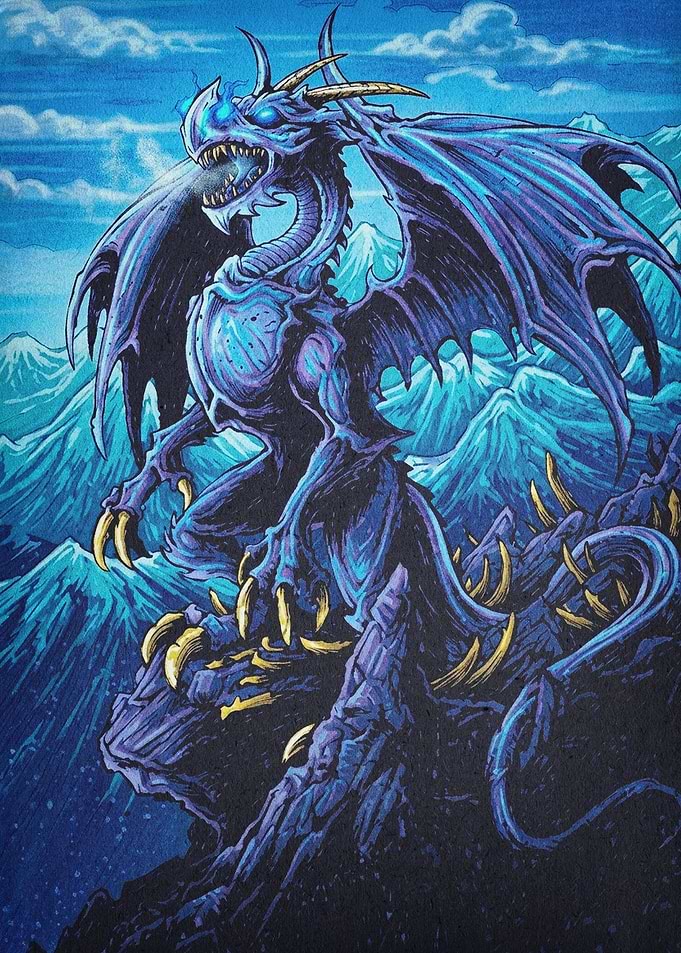 Blue Ice Dragon Fantasy Art Poster