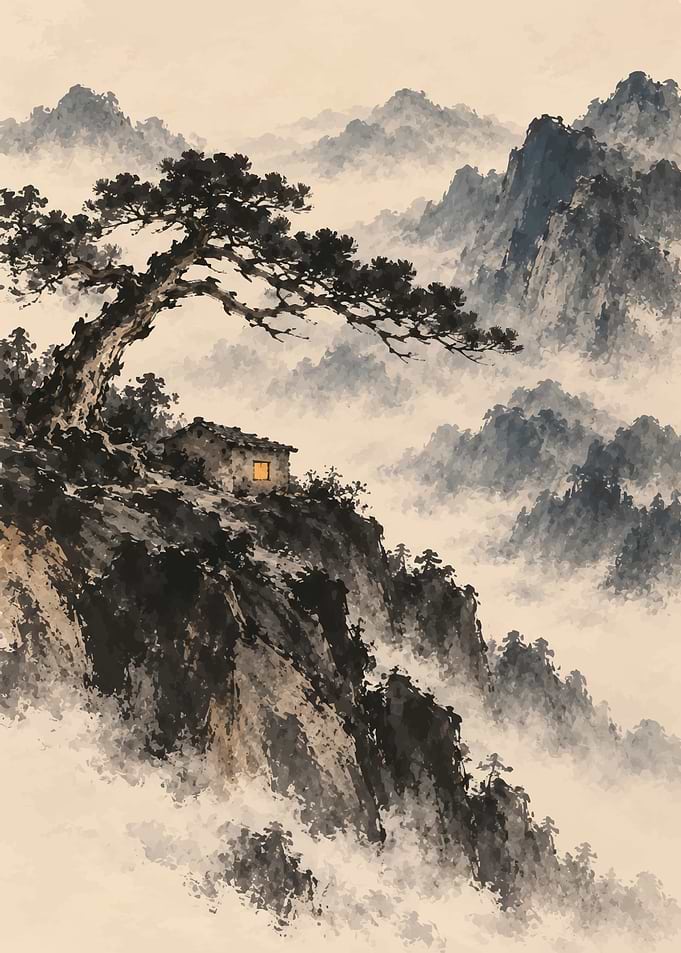 Traditional Chinese Ink Wash Mountain Landscape
