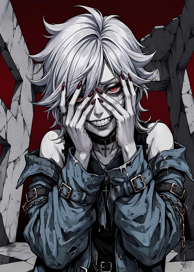 Deranged Anime Character in Ruined Setting