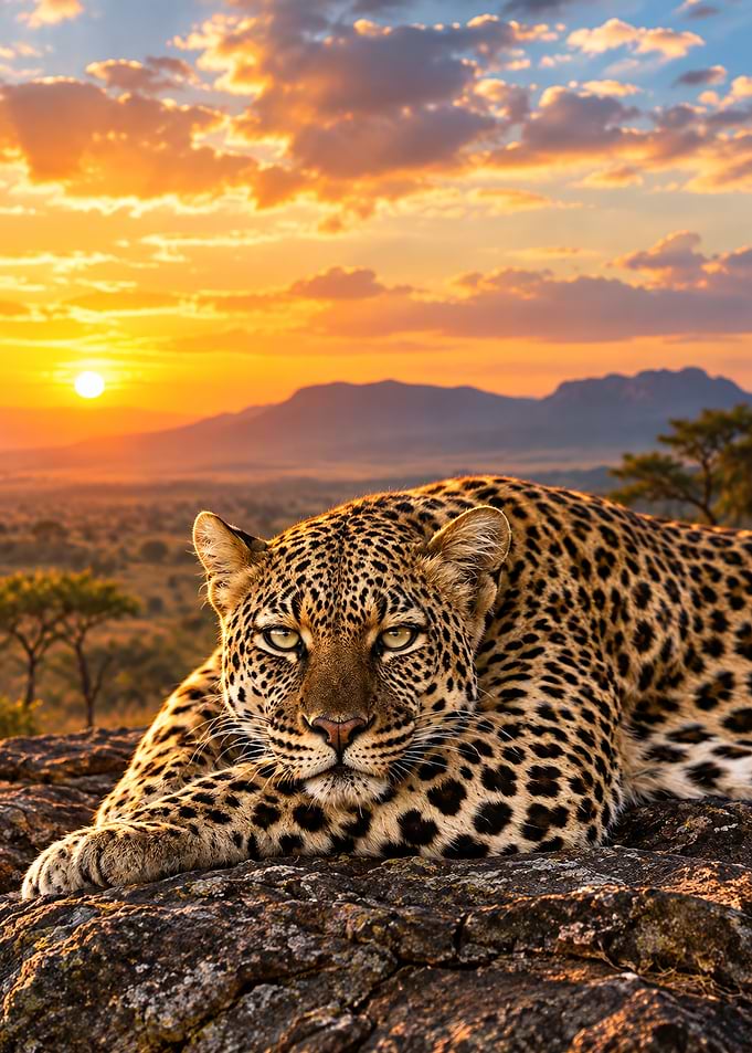 Leopard Resting on Rock at Sunset