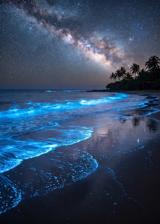 Bioluminescent Beach Under Milky Way