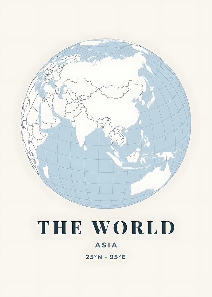 Asia Globe Coastal Blue World Map Print