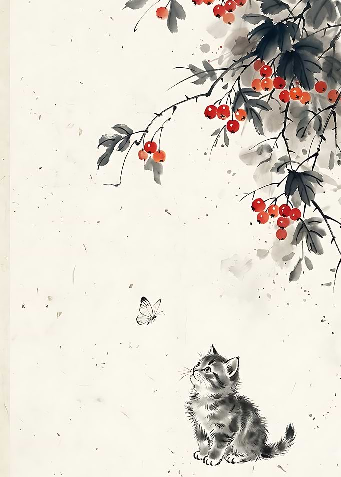 Kitten Watching Butterfly Ink Wash Painting