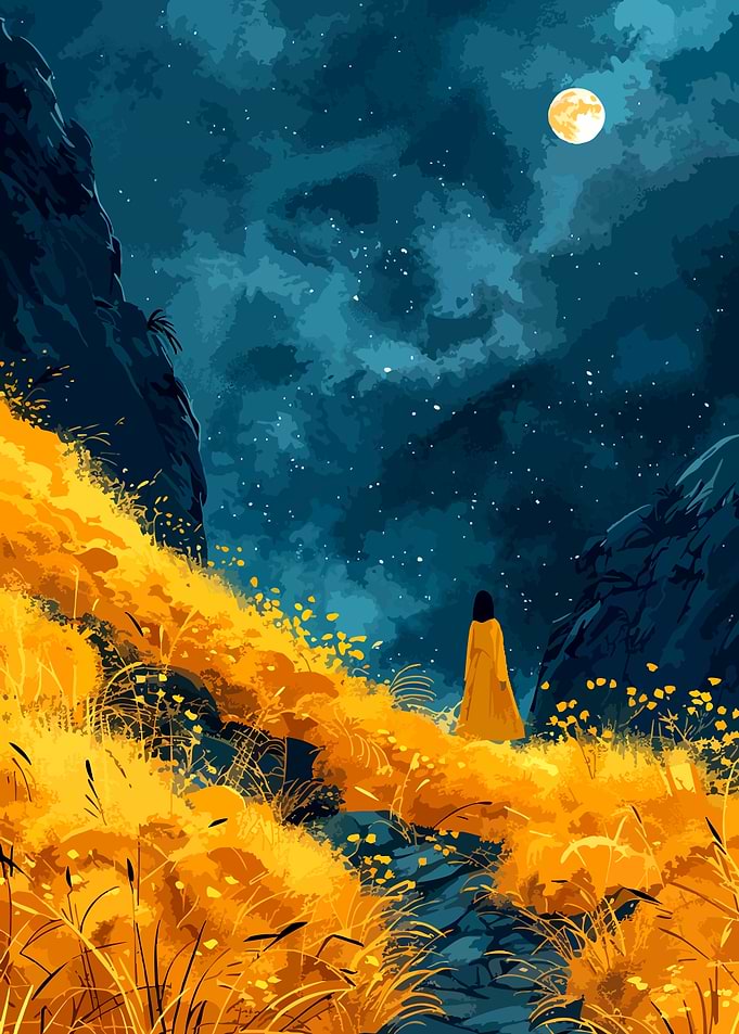 Woman in Yellow Dress Under Moonlight