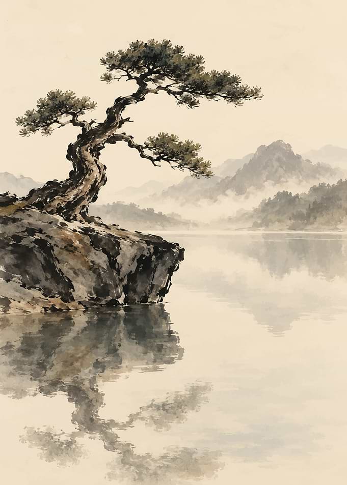 Traditional Ink Wash Pine Tree Landscape