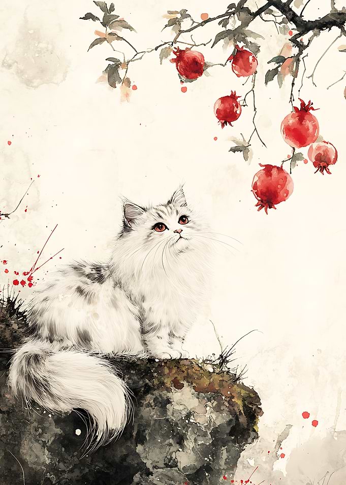 Fluffy Cat Under Pomegranate Tree