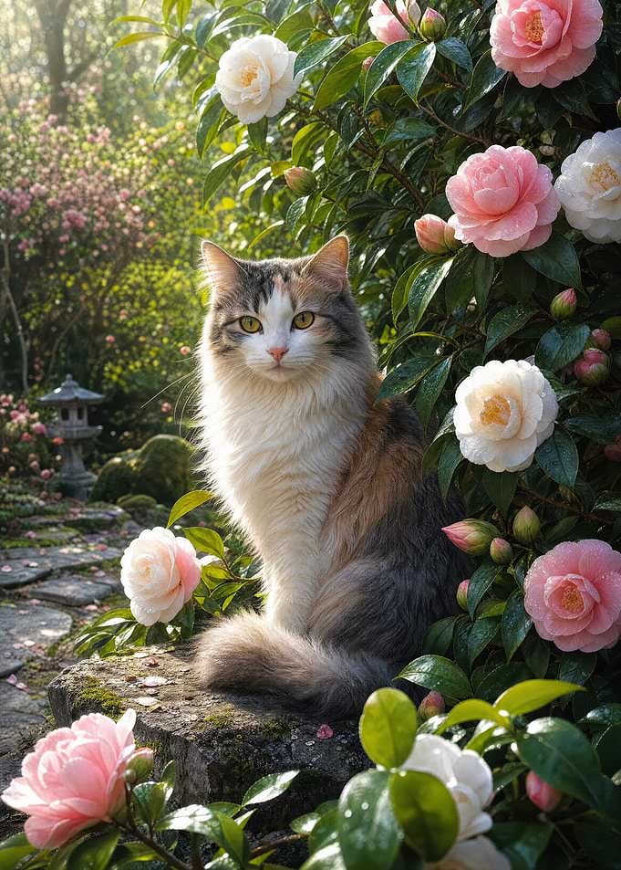 Calico Cat in Camellia Garden