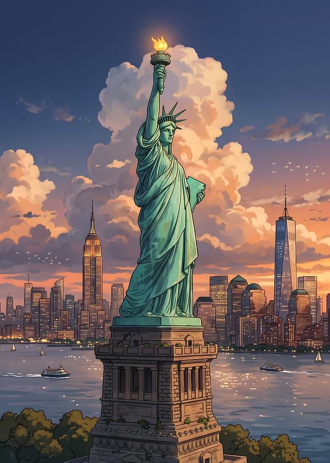 New York City Statue of Liberty at Sunset