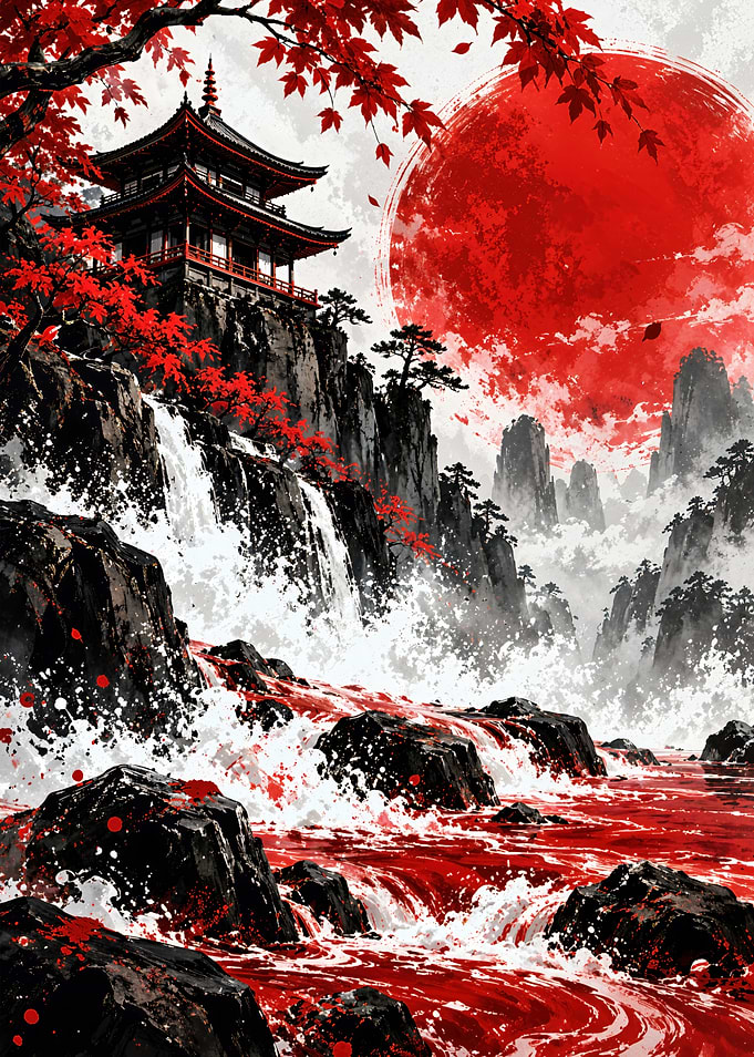 Japanese Temple with Red Waterfall