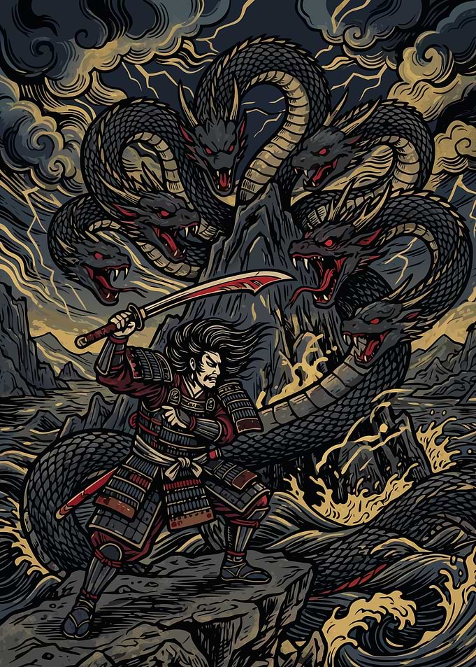 Samurai Fighting Multi-Headed Dragon