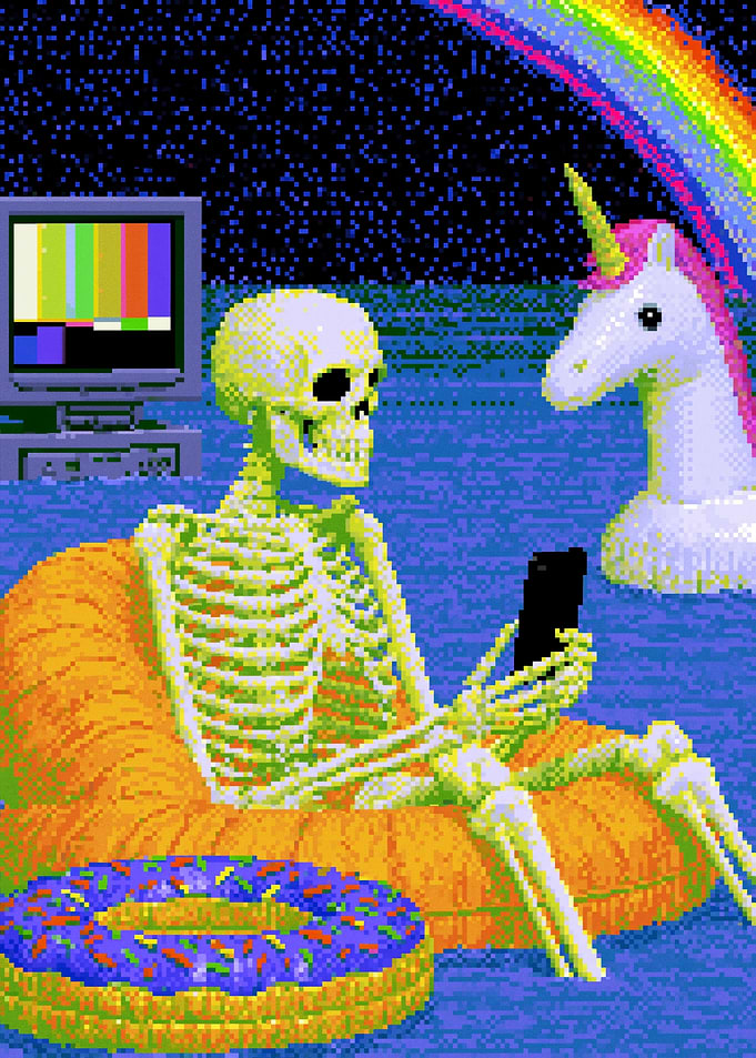 Pixel Art Skeleton Relaxing in Pool