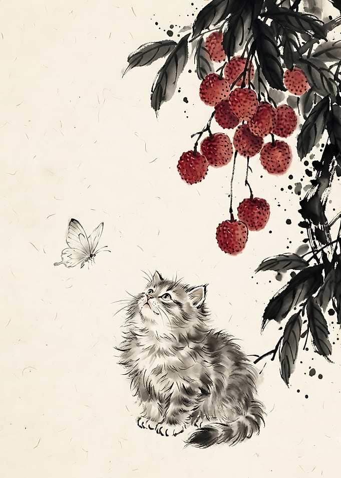 Kitten Watching Butterfly Under Lychee Branch