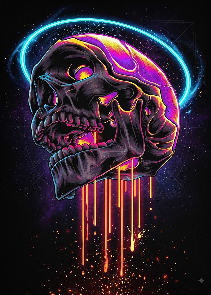 Neon Skull Cyber Punk Art Poster