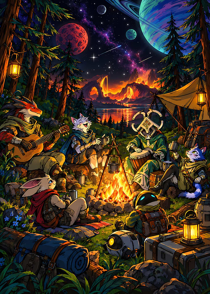 Fantasy Adventurers Camping Under Alien Skies
