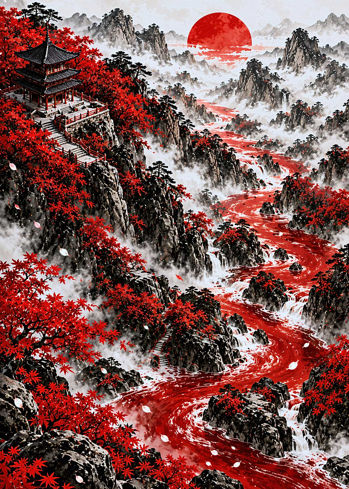 Red Maple Temple Mountain Landscape