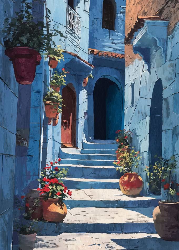 Blue City Alleyway with Potted Flowers