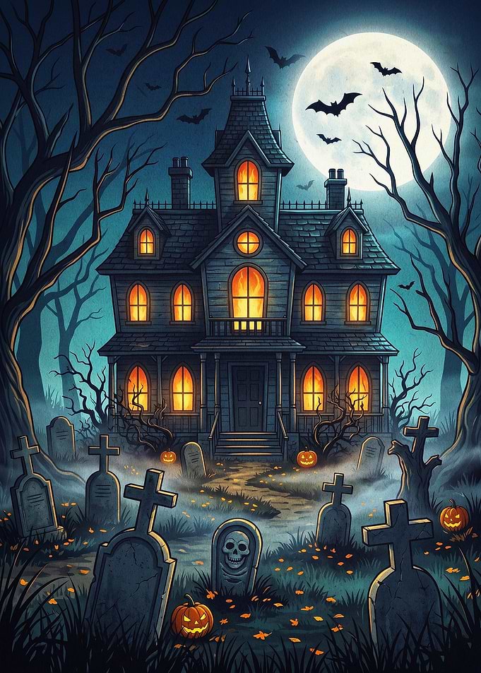 Haunted House Halloween Art Poster
