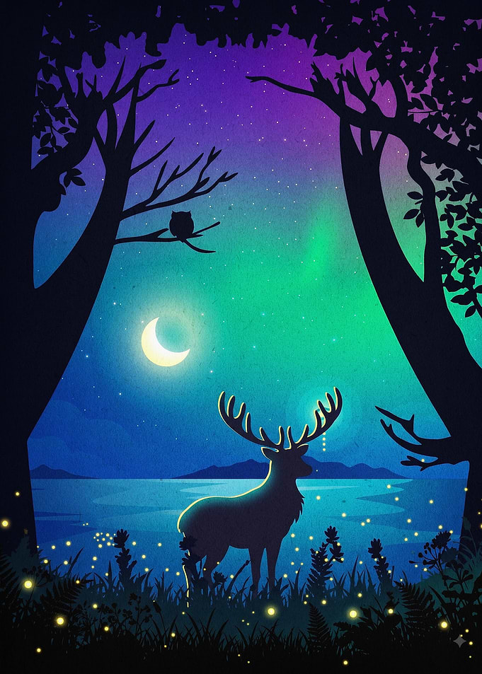 Deer Aurora Night Magical Art