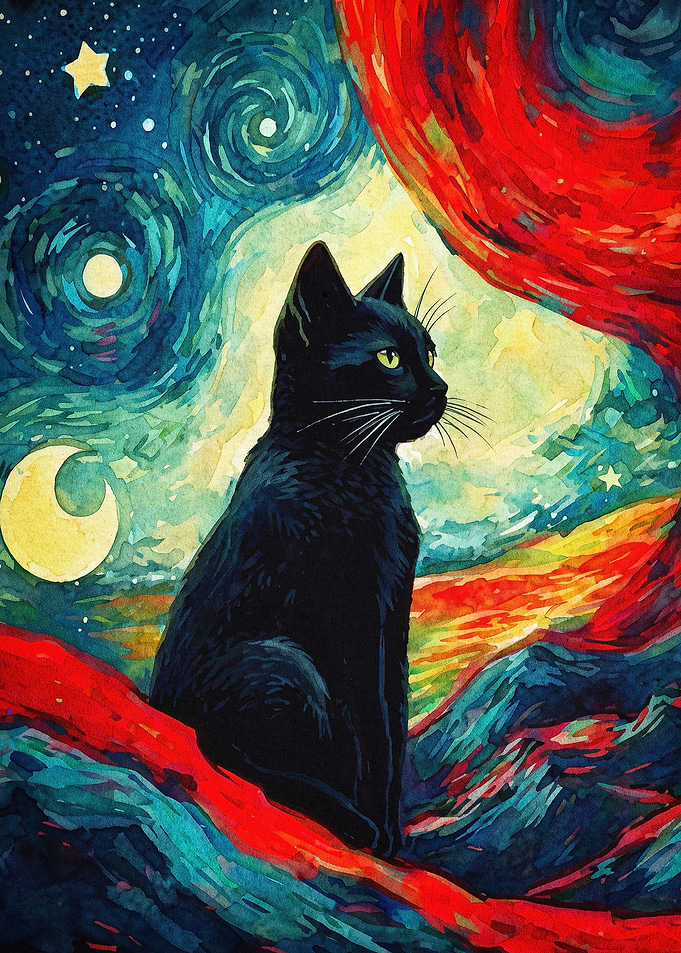 Starry Black Cat Cosmic Art Poster
