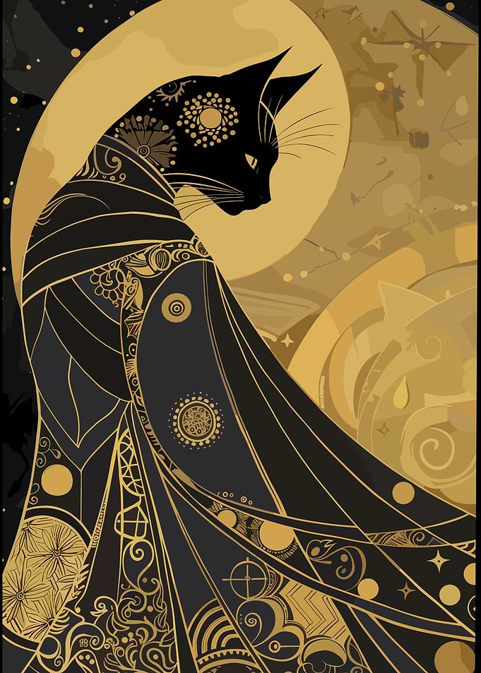 Ornate Black Cat Celestial Art