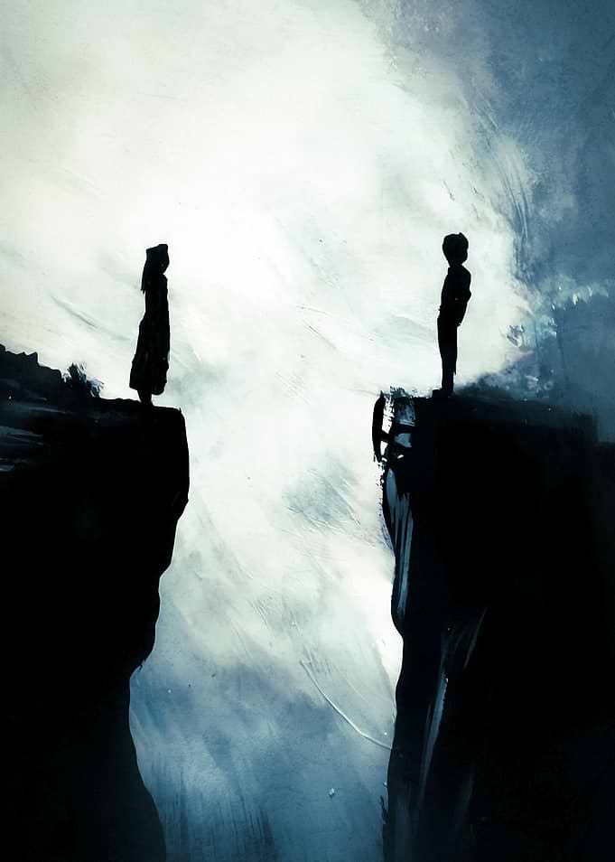 Silhouettes Standing on Opposite Cliffs