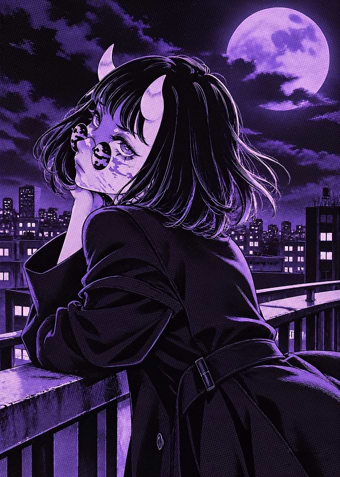 Anime Girl with Horns Under Moon