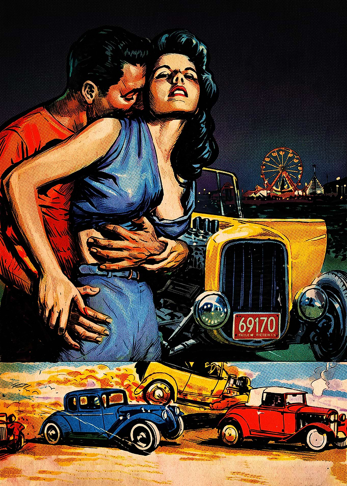 Vintage Comic Style Hot Rod Romance
