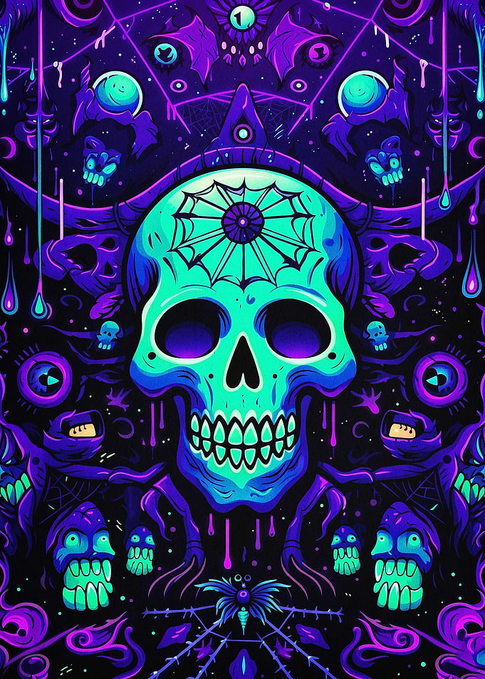 Neon Skull Trippy Gothic Art