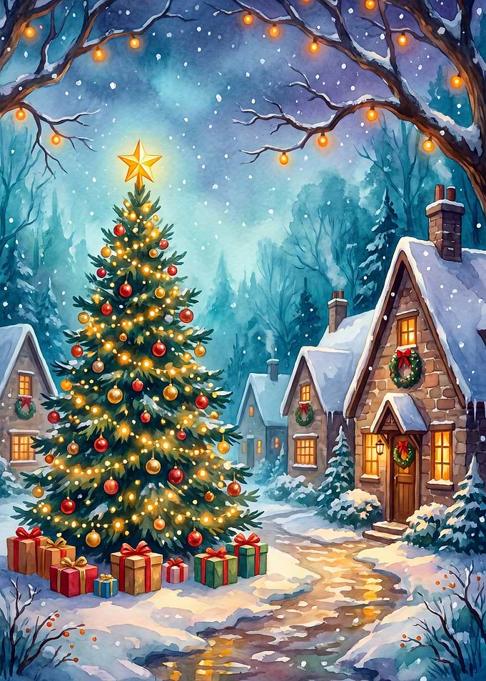 Magical Snowy Christmas Village Scene