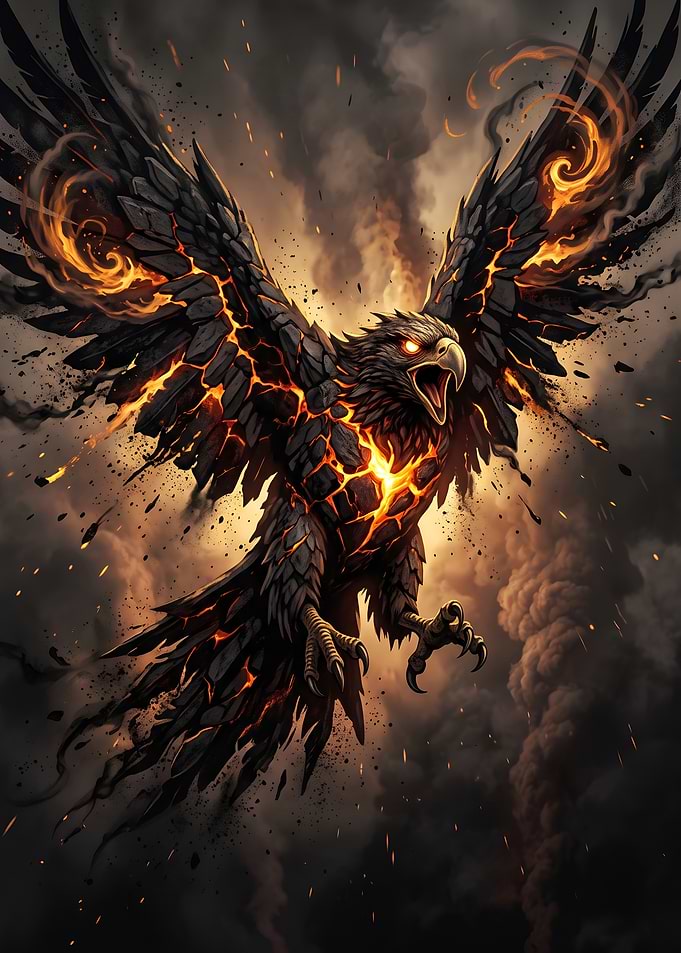 Fire Phoenix Soaring in Smoke and Flames