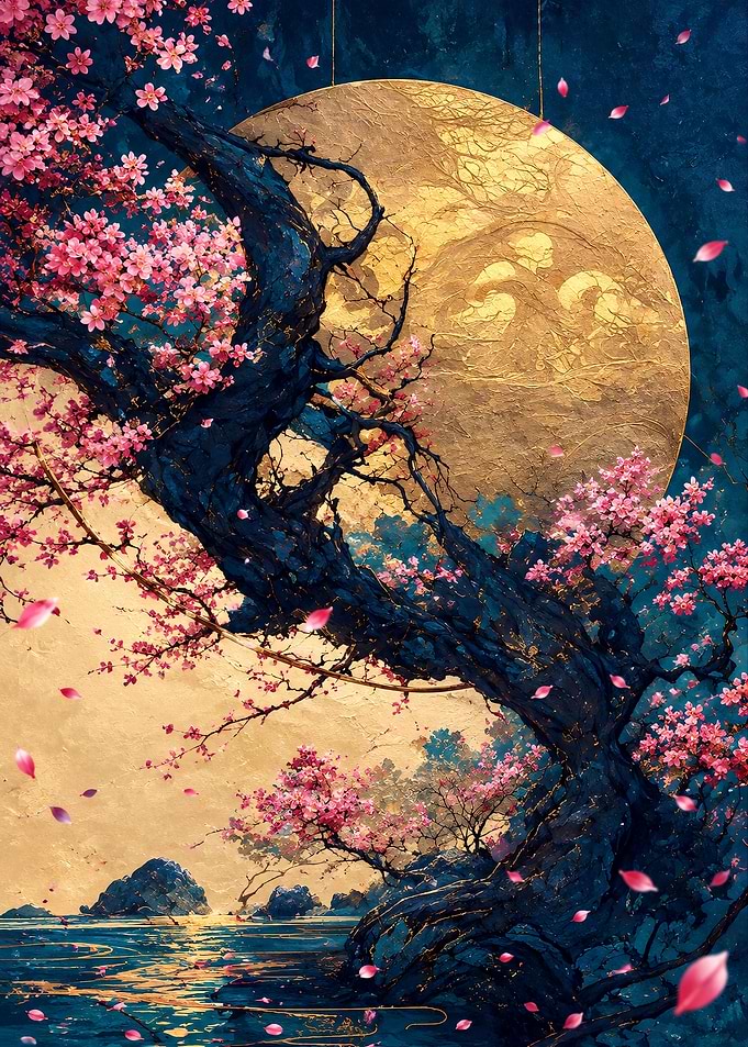 Golden Moon and Cherry Blossoms