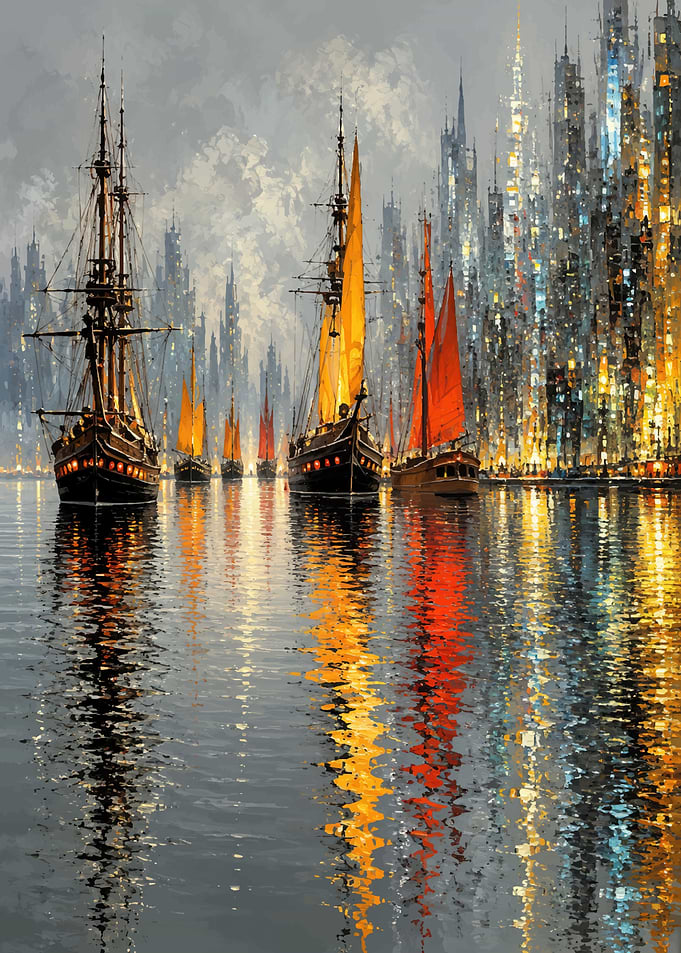 Tall Ships Before Futuristic Cityscape