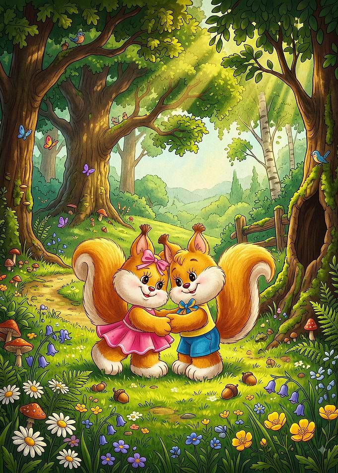 Squirrels Forest Friends Cute Art
