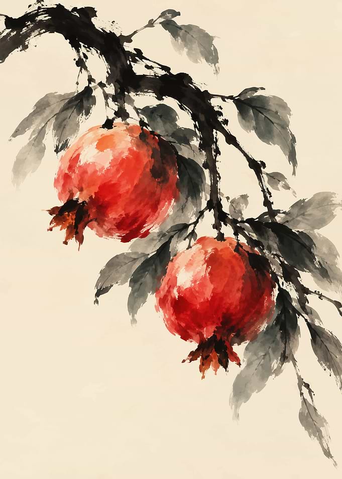 Traditional Ink Wash Pomegranate Painting