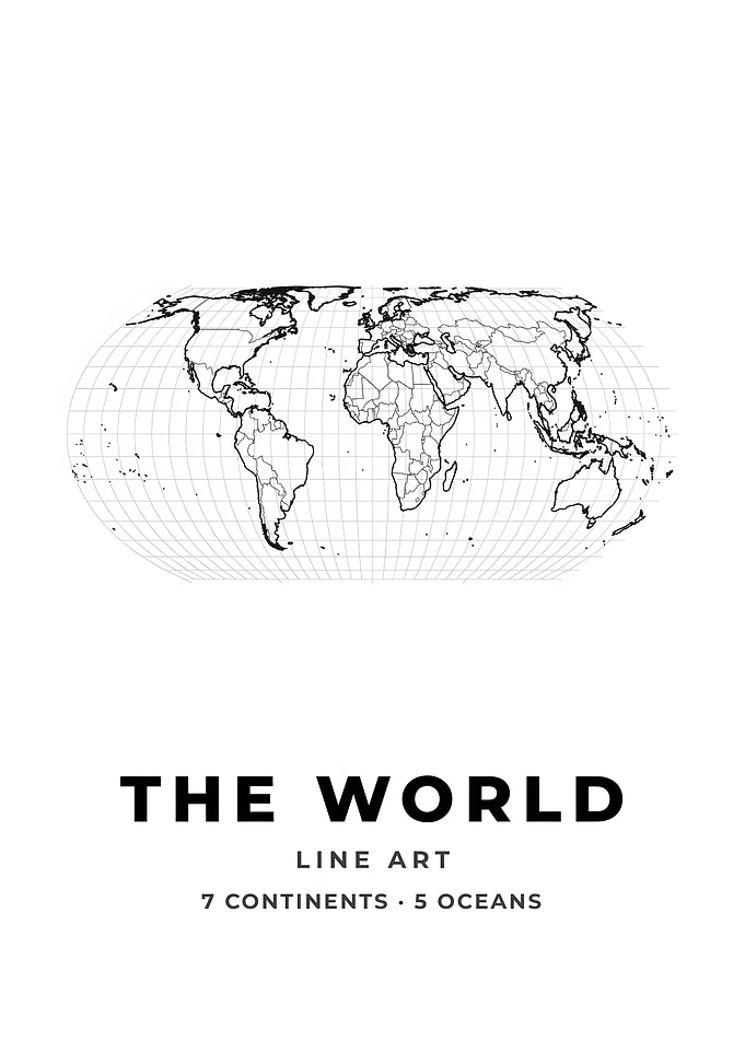 Line Art Black And White World Map Print