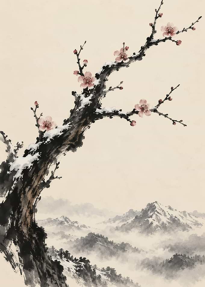 Plum Blossom Branch Over Snowy Mountains