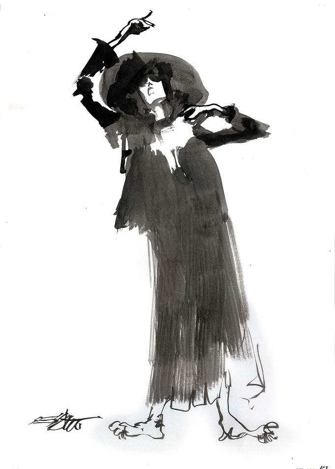 Ink Wash Drawing of Fashionable Figure