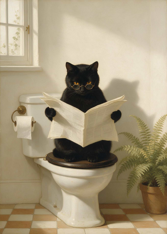 Black Cat Reading on Toilet