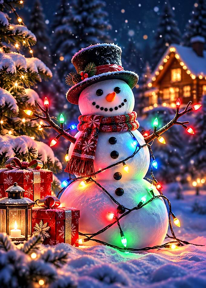 Festive Snowman with Christmas Lights