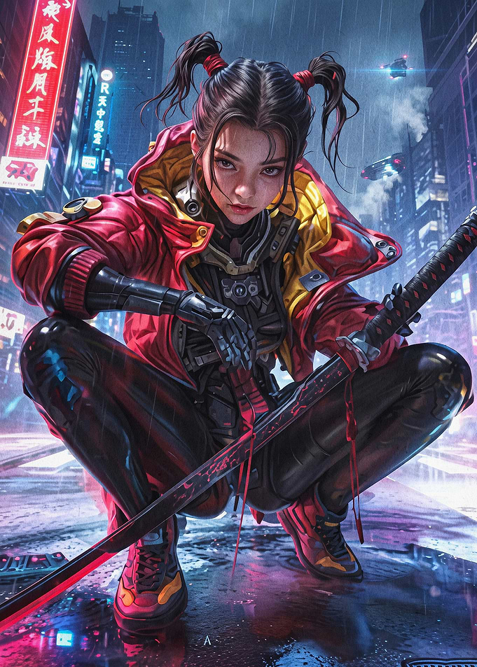 Cyberpunk Girl Samurai Sci-Fi Art