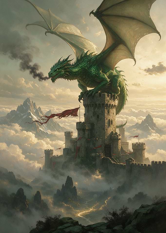 Green Dragon Perched on Castle Tower