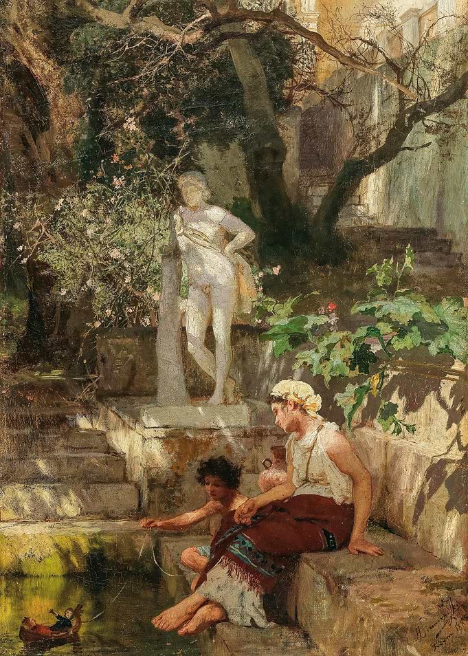 Classical Painting of Figures by Fountain