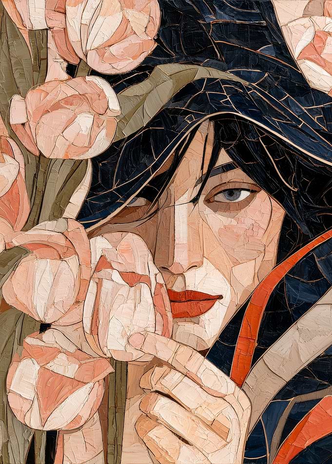 Mosaic Portrait of Woman with Tulips