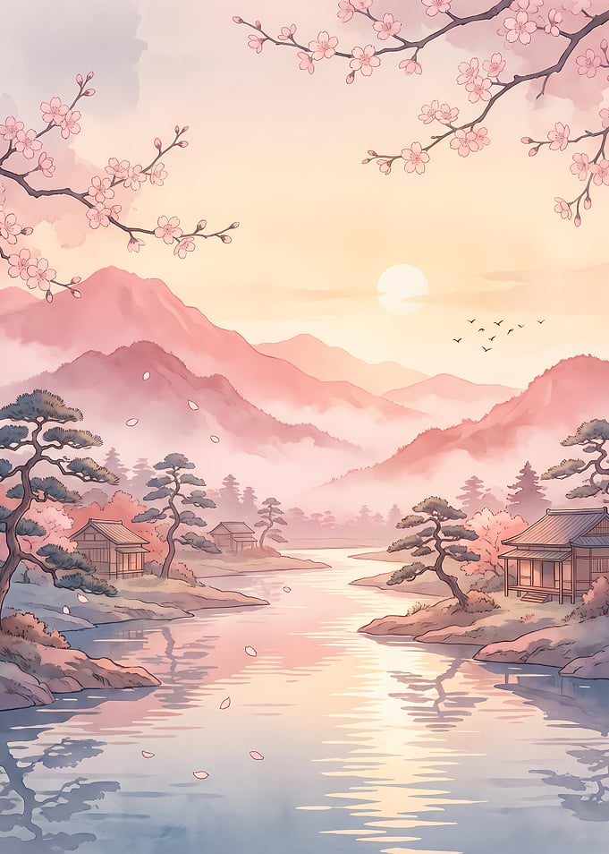 Serene Japanese Landscape with Cherry Blossoms