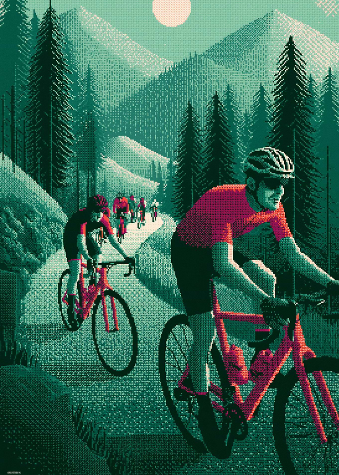 Pixel Art Cycling Race in Mountains