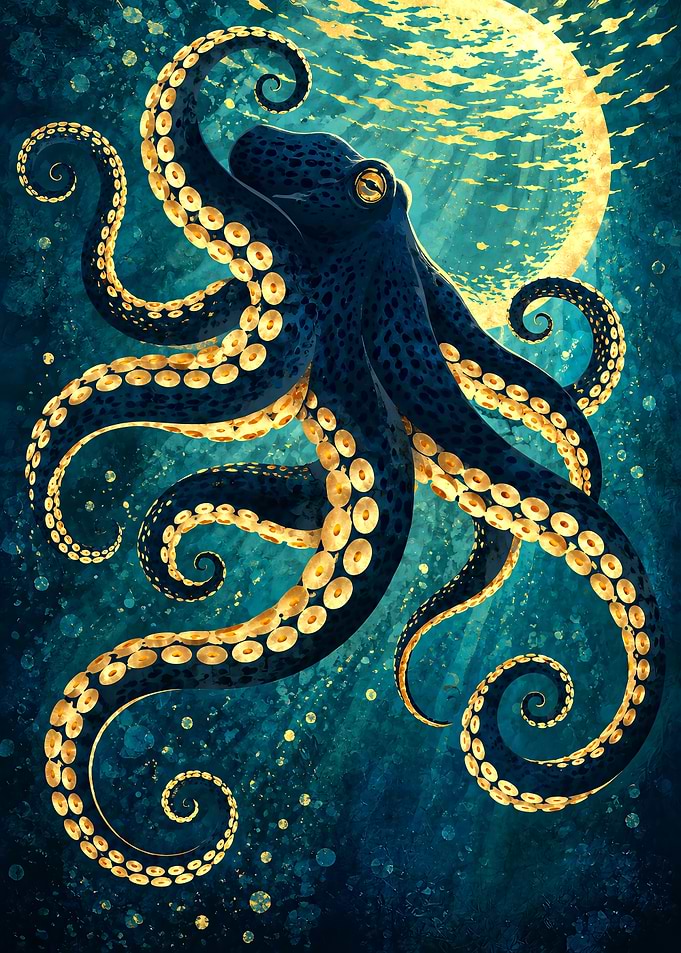 Golden Octopus Under Moonlight