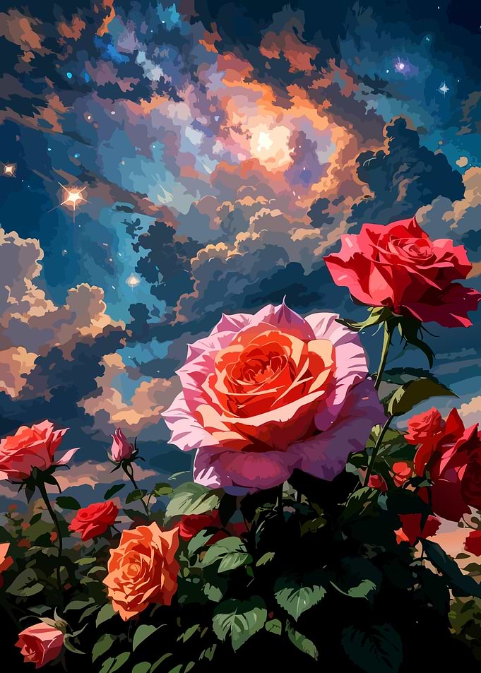 Vibrant Roses Under Starry Galaxy Sky