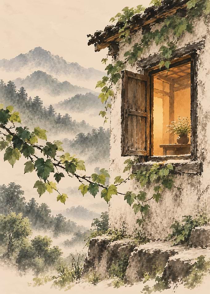 Cozy Cottage Window Overlooking Misty Mountains