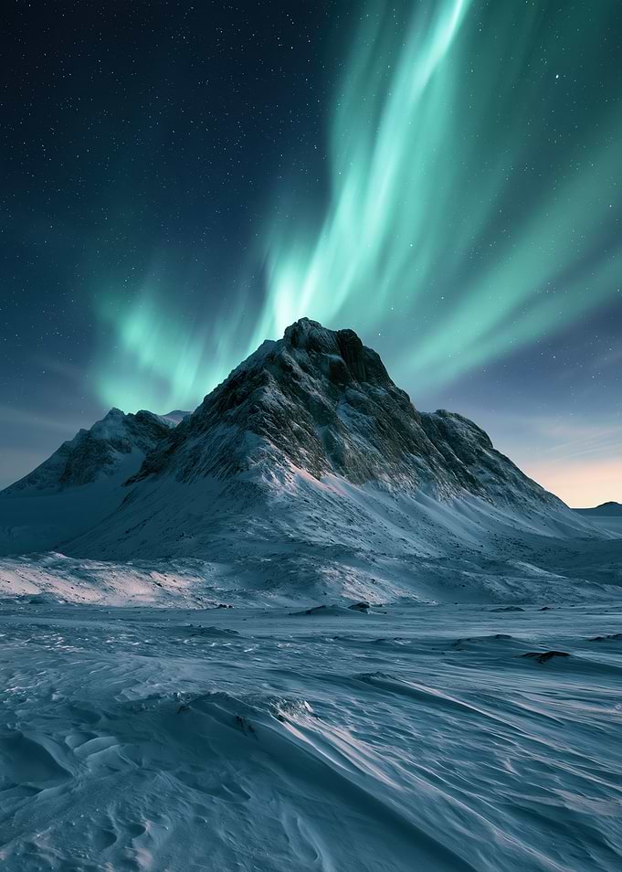 Aurora Borealis Over Snowy Mountain Peak