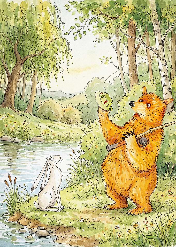 Bear Fishing Rabbit Cute Watercolor